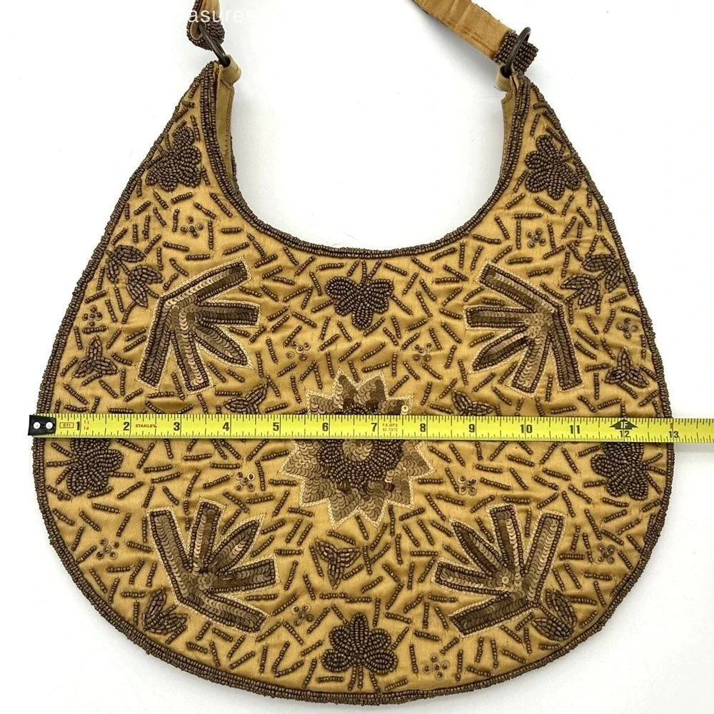 Vintage 90s Toni Women's Gold Bronze Beaded Sequined Floral Hobo Shoulder Bag